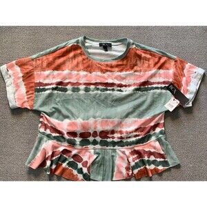 BCX Top Womens Large Short Sleeve Tie Dye Look Green White Cuffed sleeves